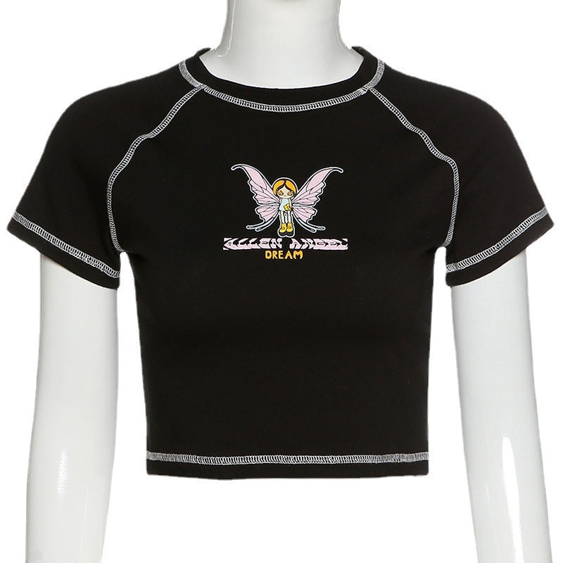 Women's Butterfly Letter Print Cropped Top Round Neck Short Sleeve T Shirt