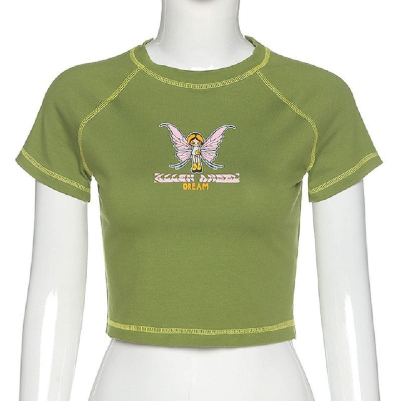 Women's Butterfly Letter Print Cropped Top Round Neck Short Sleeve T Shirt