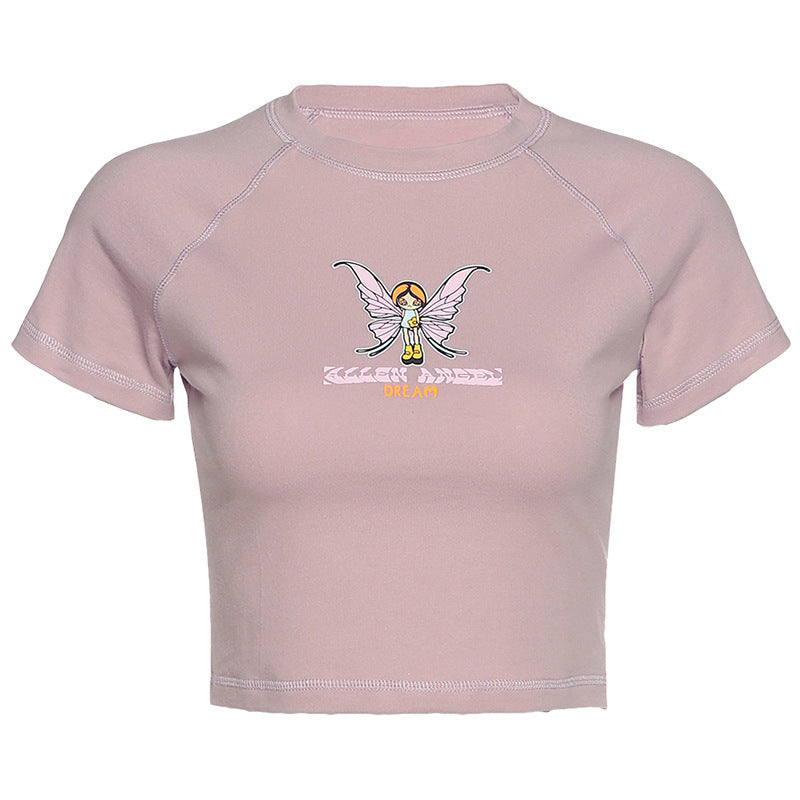Women's Butterfly Letter Print Cropped Top Round Neck Short Sleeve T Shirt