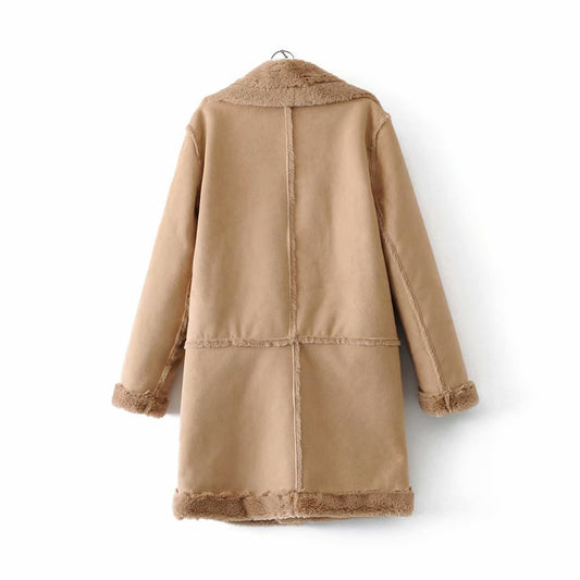 Women's Winter Suede Leather Jacket Motorcycle WomenThicken Lambswool Fur Long Leather Coat Female Warm Outerwear Womens 