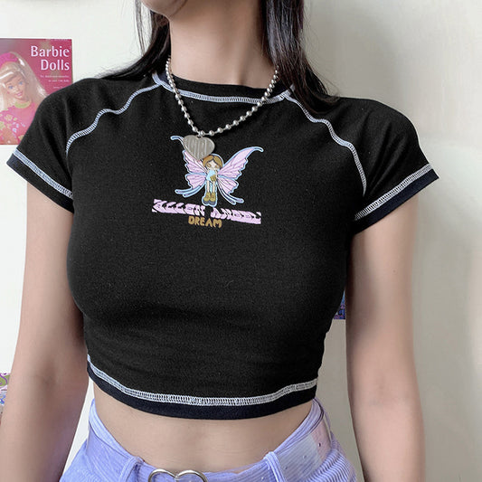 Women's Butterfly Letter Print Cropped Top Round Neck Short Sleeve T Shirt
