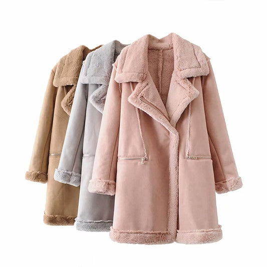 Women's Winter Suede Leather Jacket Motorcycle WomenThicken Lambswool Fur Long Leather Coat Female Warm Outerwear Womens 